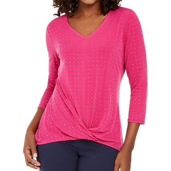 JM Collection Tops - JM Collection Embellished Twist-Front Top, Pink, L